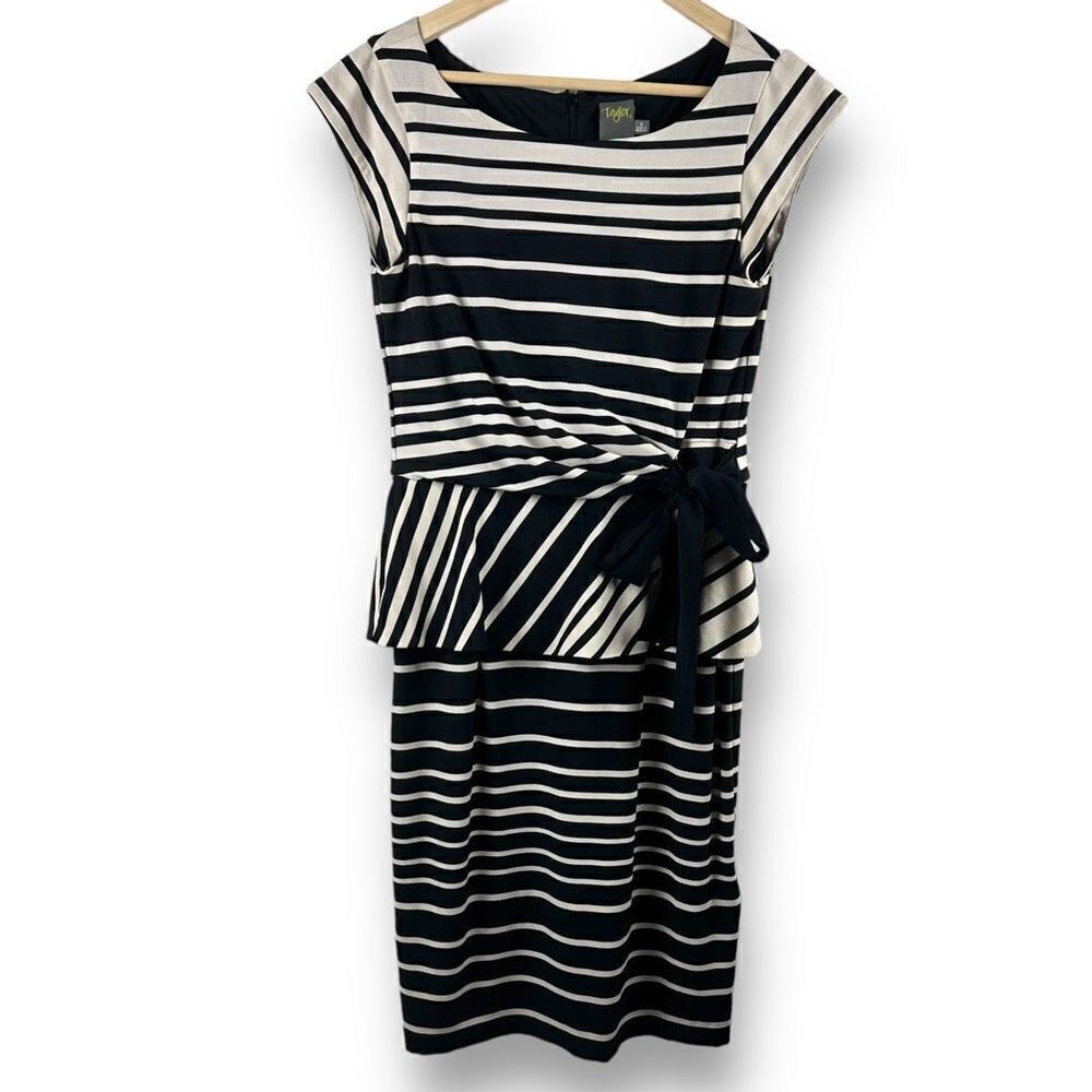 Taylor black and cream stripe peplum dress size 6‎